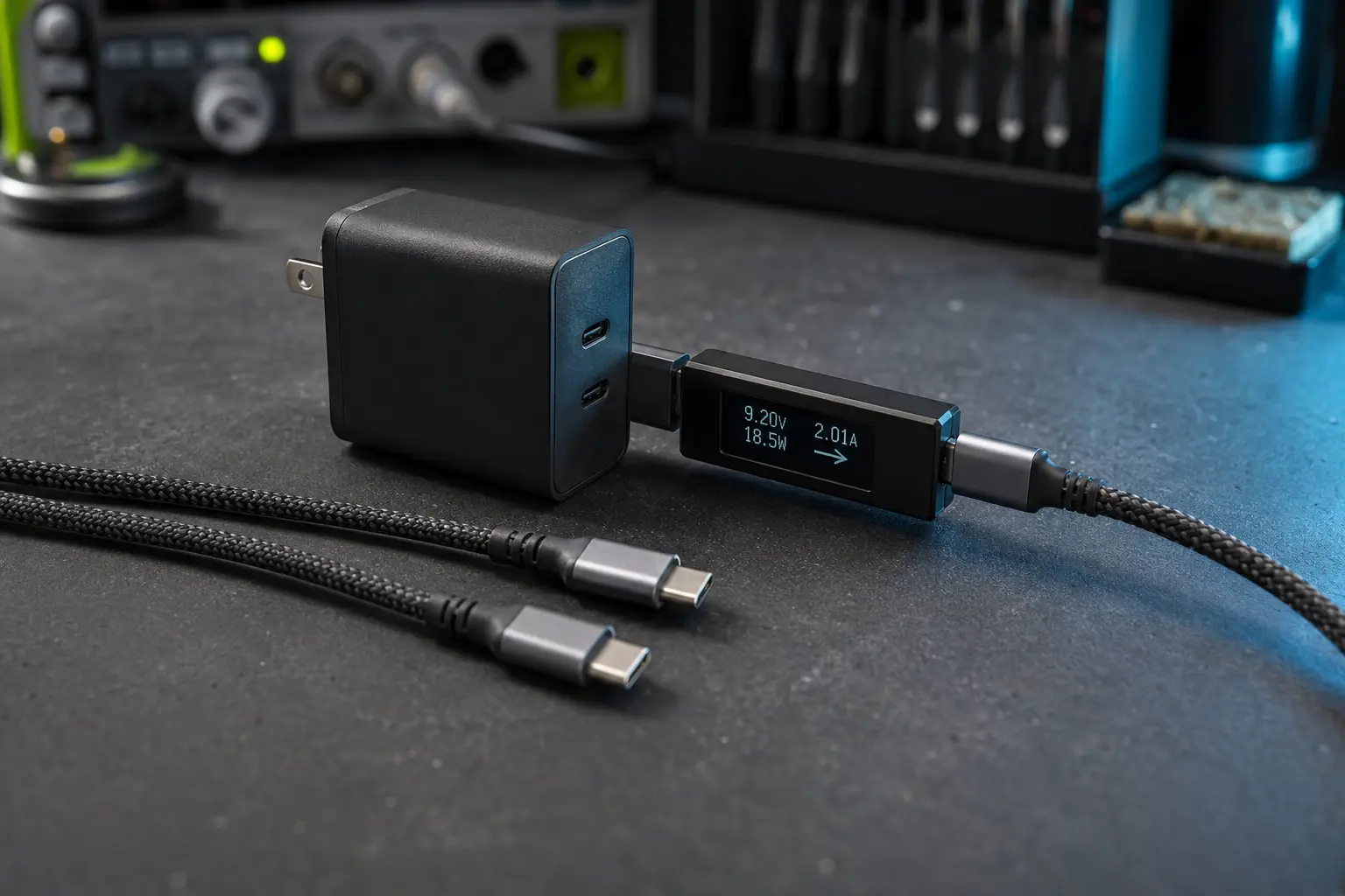 Adaptor pengisi daya USB-C dan kabel di meja pengujian